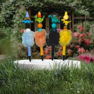 Handmade Dinosaur Themed Fuzzy Pens Set Of 4